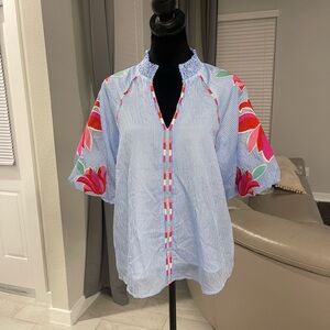 NWT THML blue embroidered puff sleeves blouse L